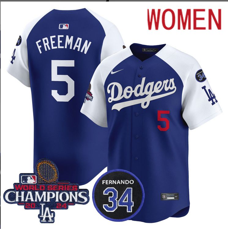 Women MLB Los Angeles Dodgers 5 Freeman blue 2024 World Series Champions Patch Limited Jersey